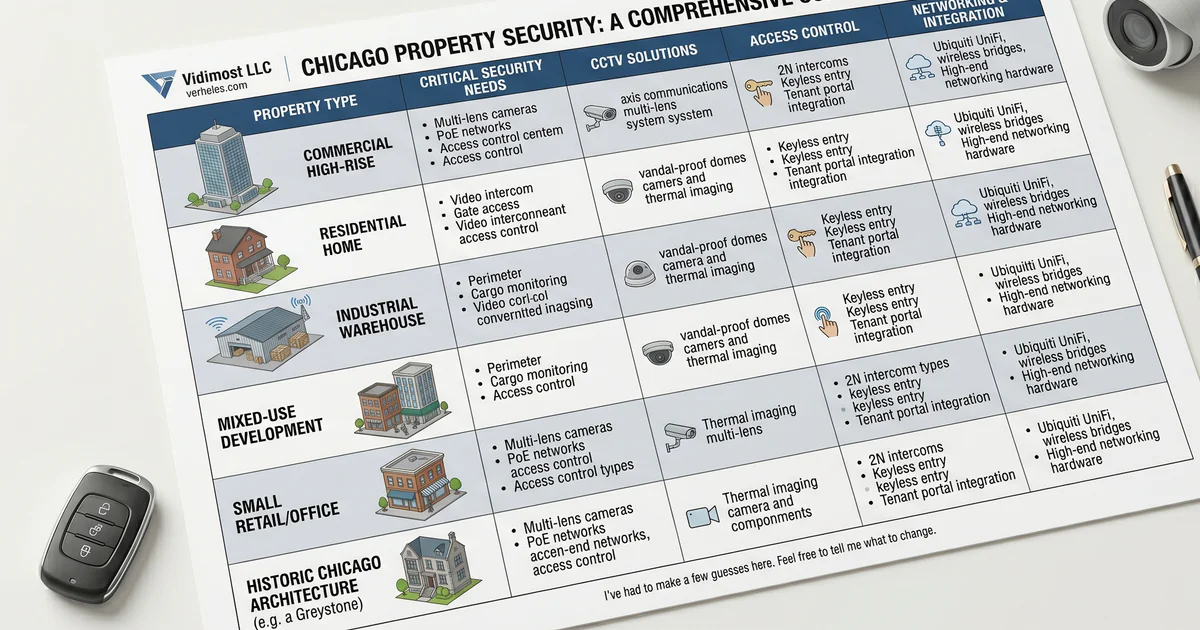 Chicago commercial property types served by Vidimost — downtown high-rises, mid-rise condos, vintage walk-ups, suburban townhouses, retail, restaurants, offices, and warehouses
