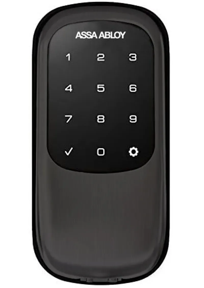 ASSA ABLOY Accentra nexTouch Deadbolt in matte black finish — exterior view showing the backlit touchscreen keypad, mechanical key cylinder override, and deadbolt thumb-turn interior