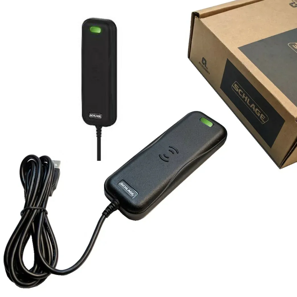 Schlage MT20W wireless desktop enrollment reader retail packaging — Allegion ENGAGE branded box showing the reader and USB cable contents