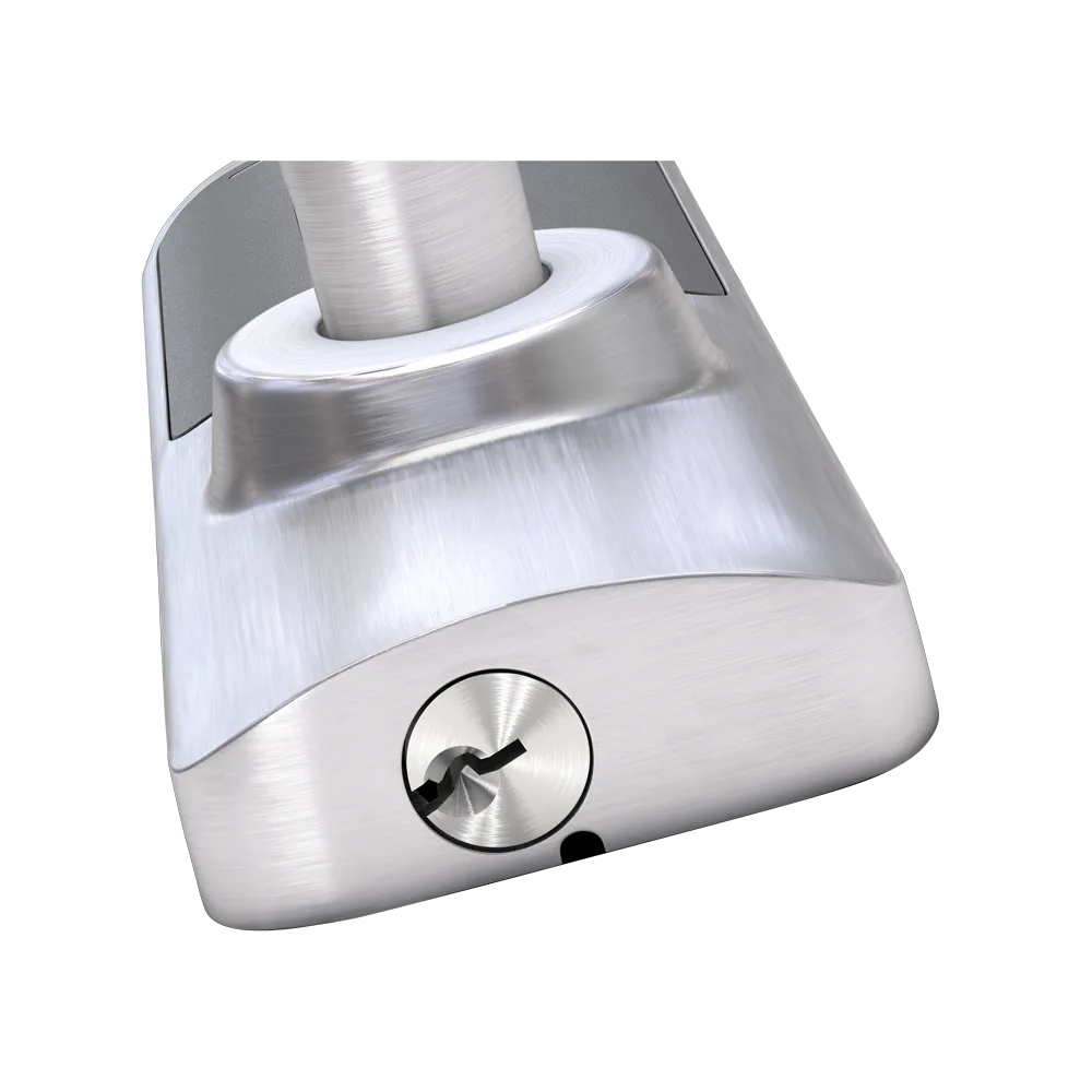 Schlage XE360 lock bottom view showing the mechanical cylinder keyway override, SFIC / FSIC core compatibility, and lever underside