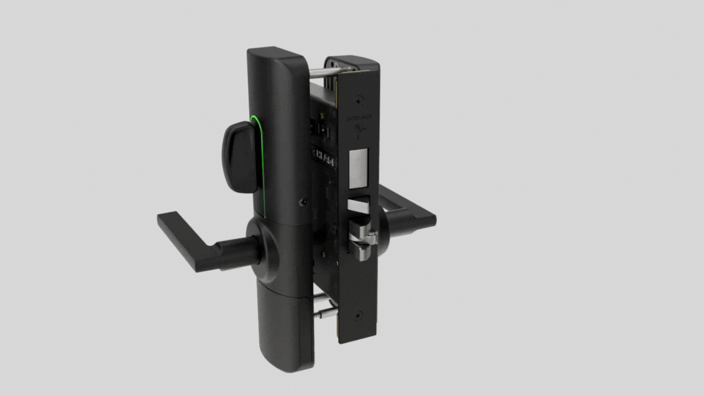 Schlage XE360 mortise lock animated exploded view showing each component — lock body, motor assembly, electronic head, multi-tech reader, lever spindle, mortise cylinder, escutcheons, and battery compartment — sequenced into the assembled product