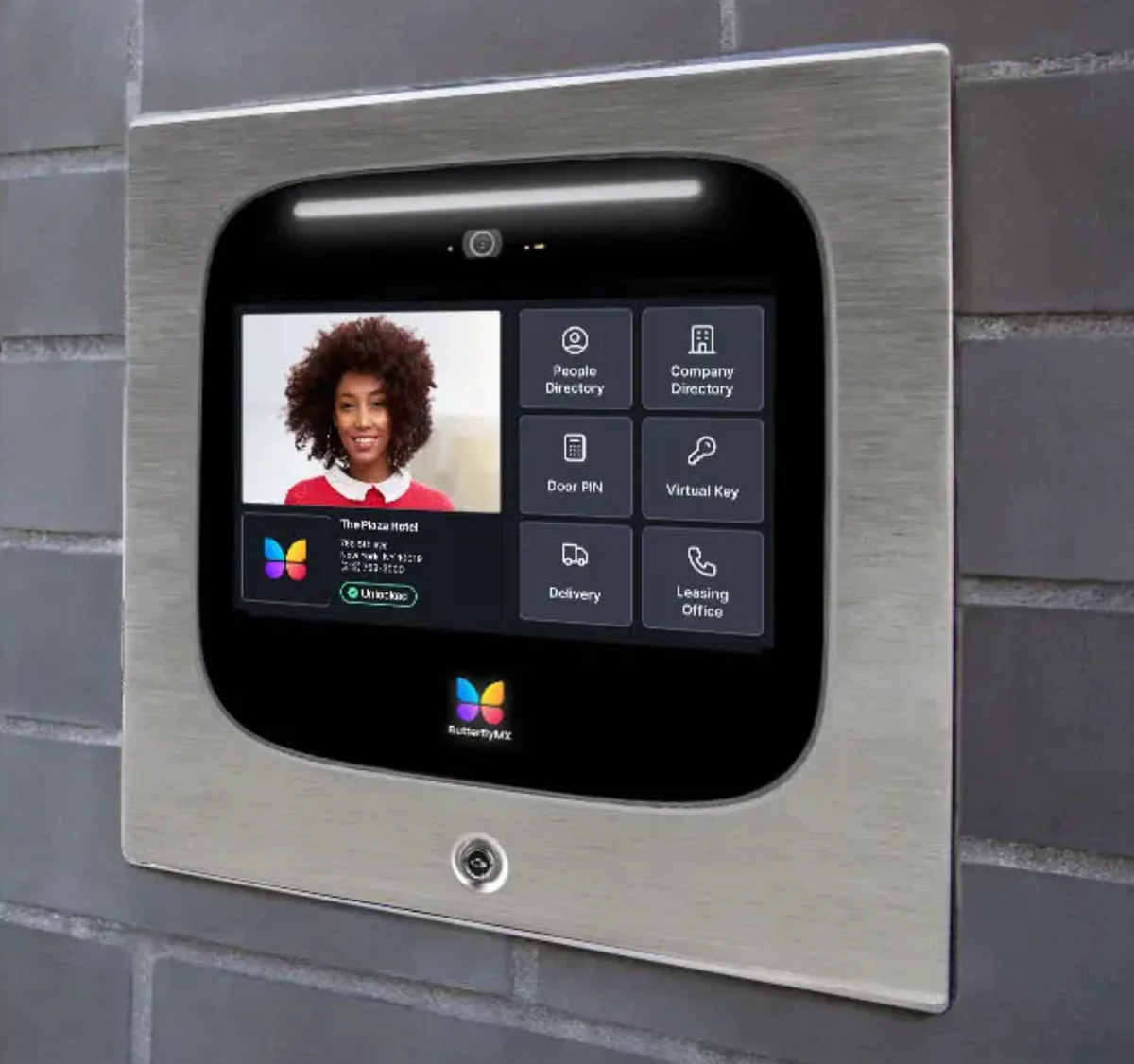 ButterflyMX 12-inch flush-mount video intercom panel installed at a condo entrance