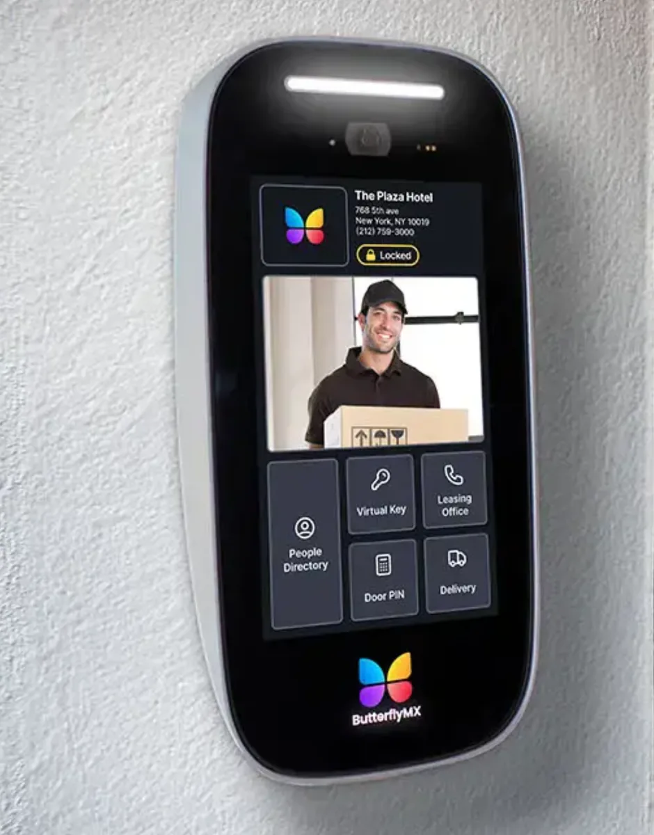 ButterflyMX 8-inch surface-mount video intercom panel — common retrofit choice for older Chicago apartment buildings