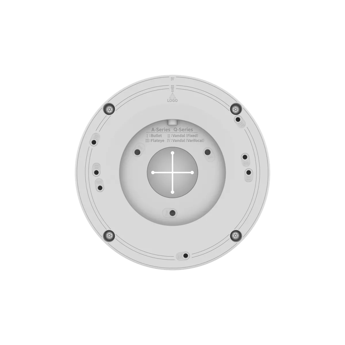 Hanwha SBV-A14B back box front view in white RAL9003 finish — circular aluminum housing with mounting holes and central pass-through